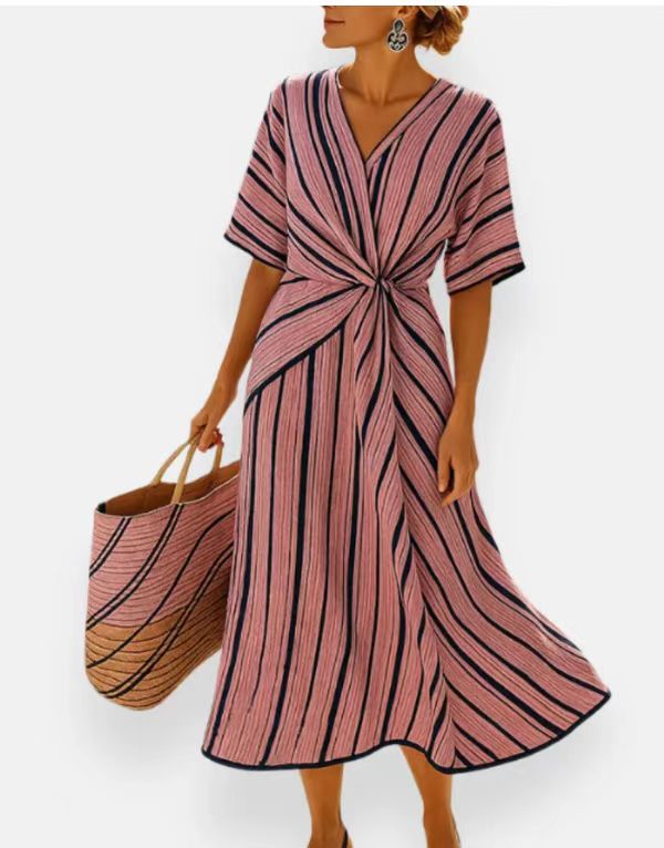 V-neck printed striped dress for women