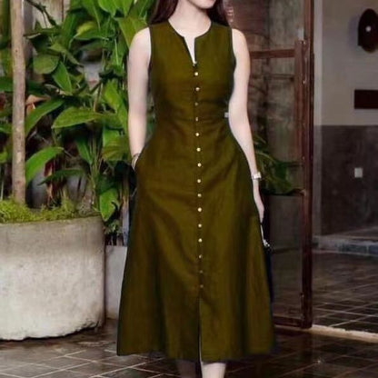 Slim fit waist cinching solid color sleeveless mid length dress