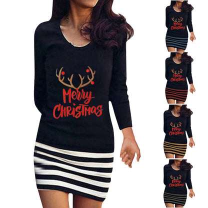 Round neck Christmas deer head long sleeved striped dress