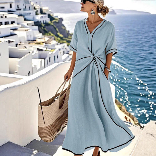 V-neck printed striped dress for women