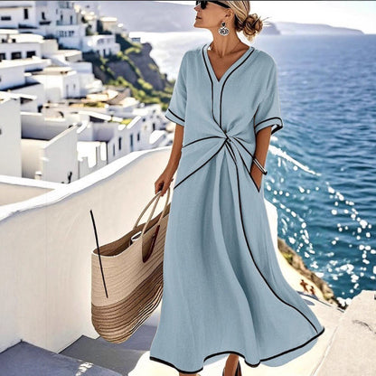 V-neck printed striped dress for women