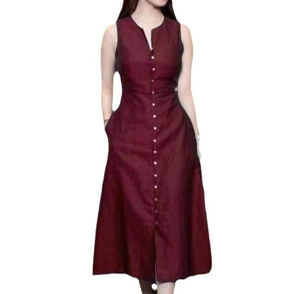 Slim fit waist cinching solid color sleeveless mid length dress