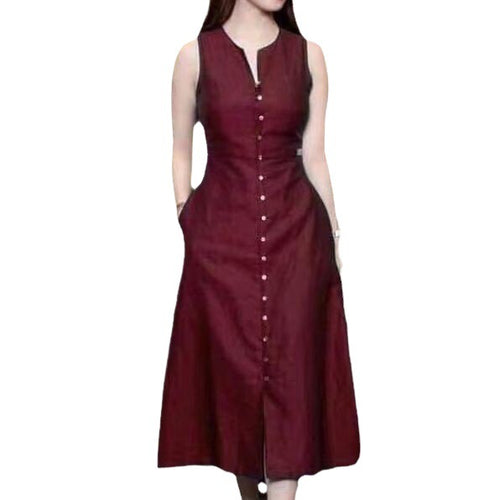 Slim fit waist cinching solid color sleeveless mid length dress