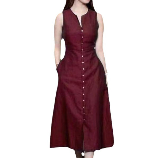 Slim fit waist cinching solid color sleeveless mid length dress