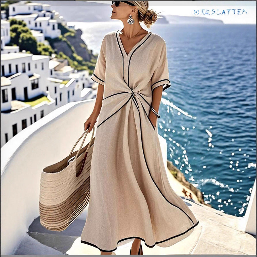 V-neck printed striped dress for women