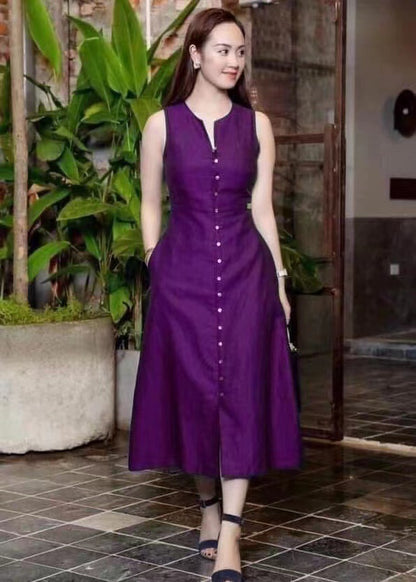 Slim fit waist cinching solid color sleeveless mid length dress