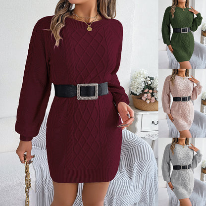 Solid Fried Dough Twists waist lantern long sleeve wool dress