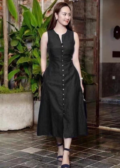 Slim fit waist cinching solid color sleeveless mid length dress