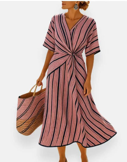 V-neck printed striped dress for women