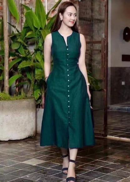 Slim fit waist cinching solid color sleeveless mid length dress